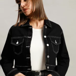BLACK CONTRAST STITCHING CROPPED DENIM JACKET